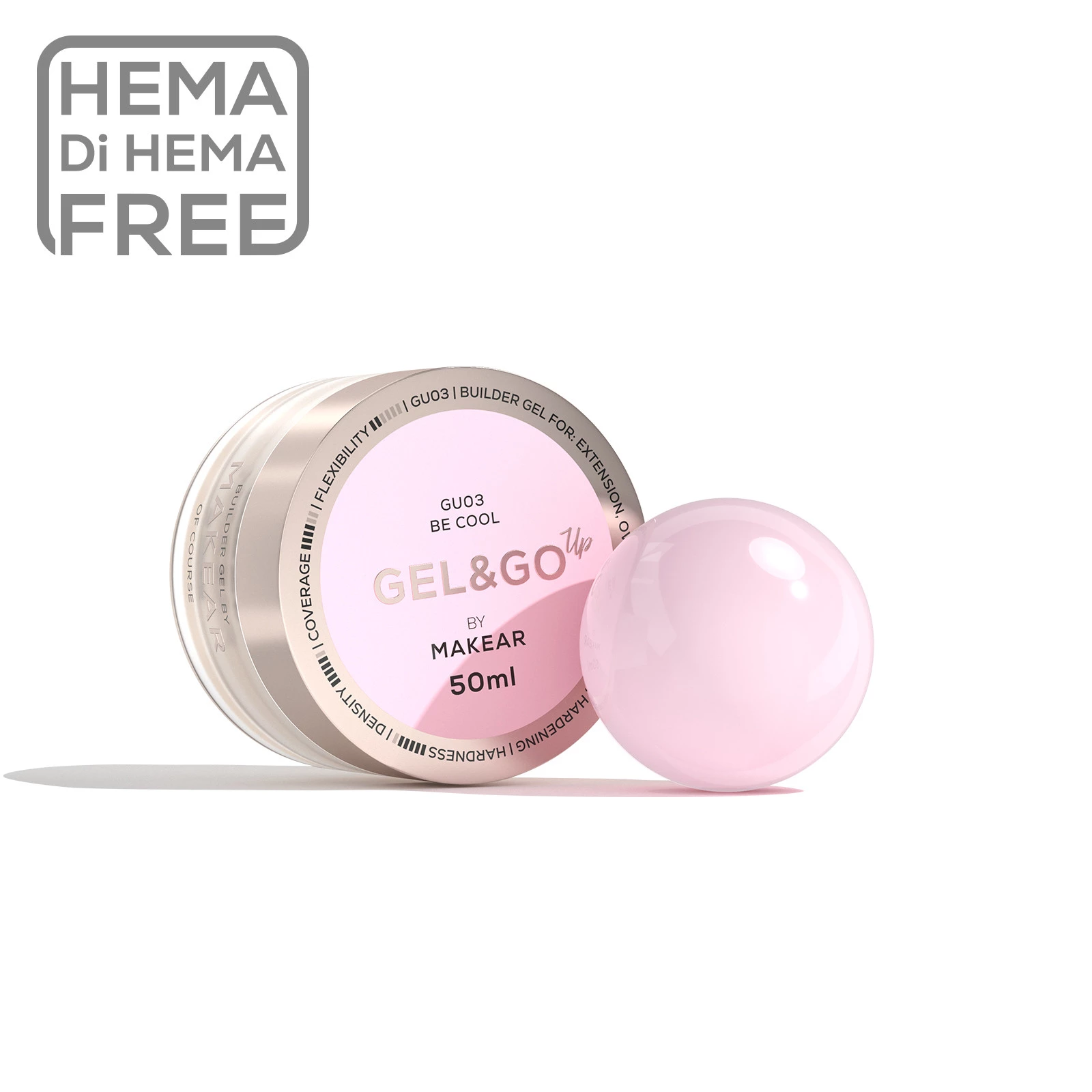 Makear zel budujacy Be Cool 50 ml, zamkniety sloiczek i kropla rozowego zelu, oznaczenie HEMA Di HEMA Free