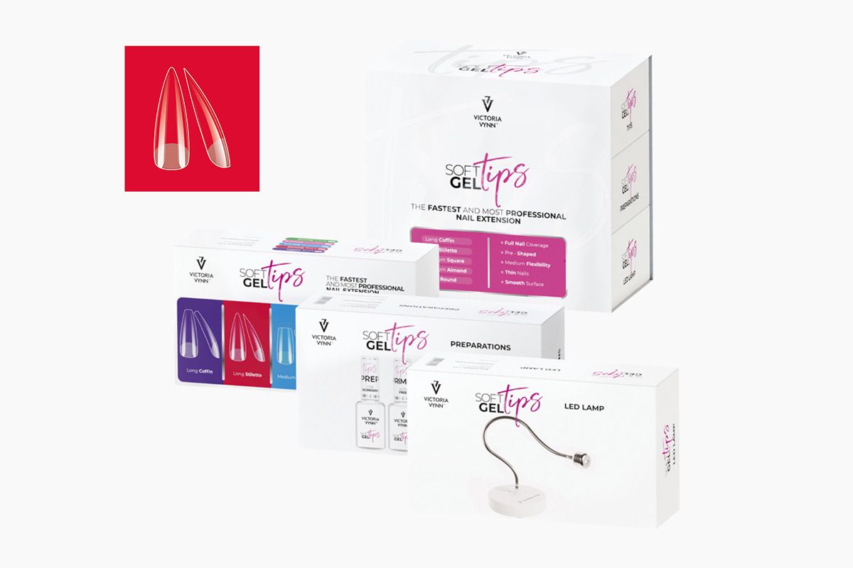 Zestaw Victoria Vynn Soft Gel Tips z tipsami Long Stiletto, komplet pudelek i ksztalt tipsa