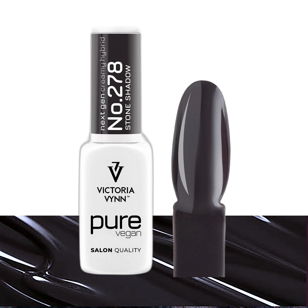 Victoria Vynn Pure Vegan Creamy Hybrid nr 278 Stone Shadow 8 ml, butelka obok paznokietnika z grafitowym lakierem
