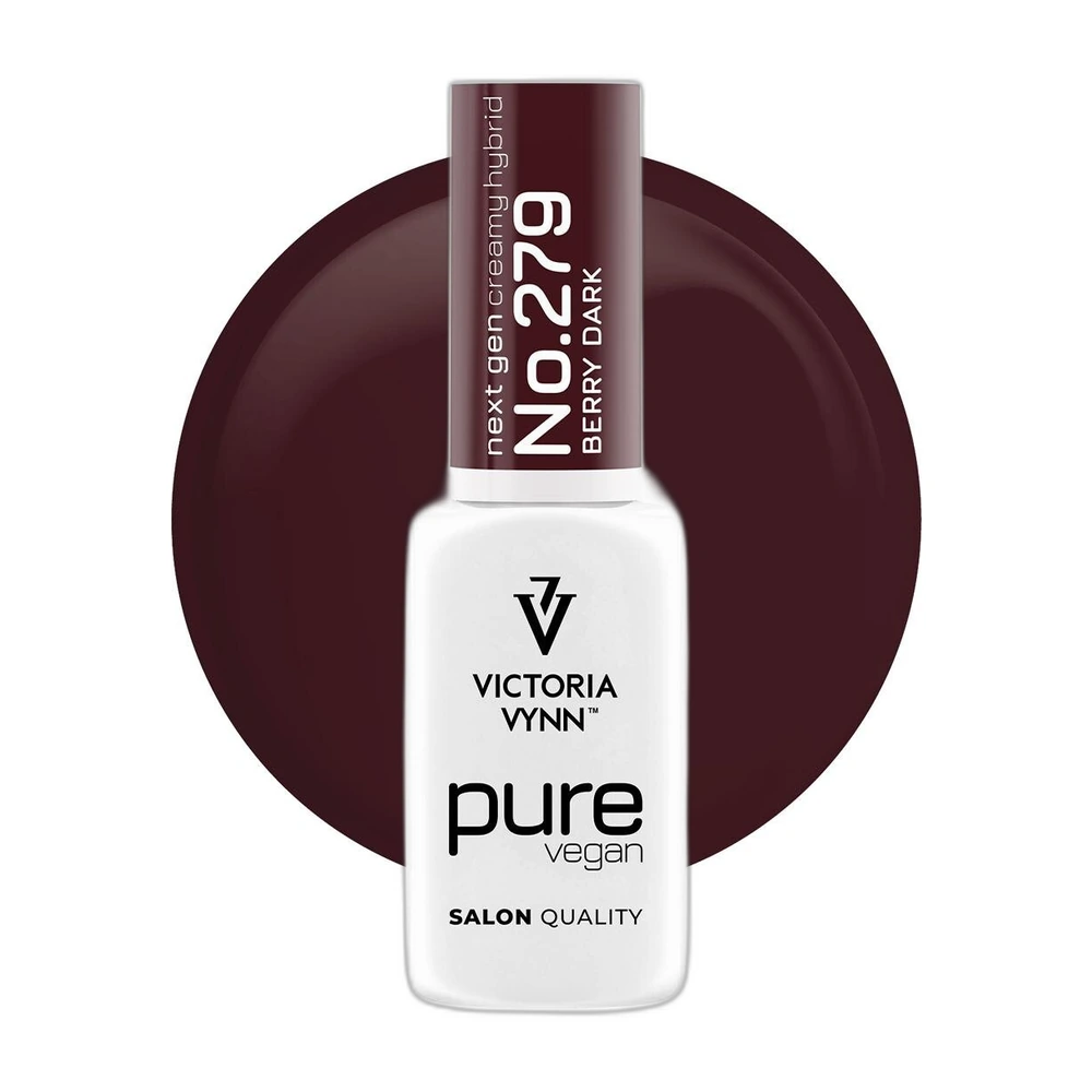 Lakier hybrydowy Victoria Vynn Pure Vegan Creamy Hybrid nr 279 Berry Dark 8 ml, butelka na tle burgundowej kropli koloru