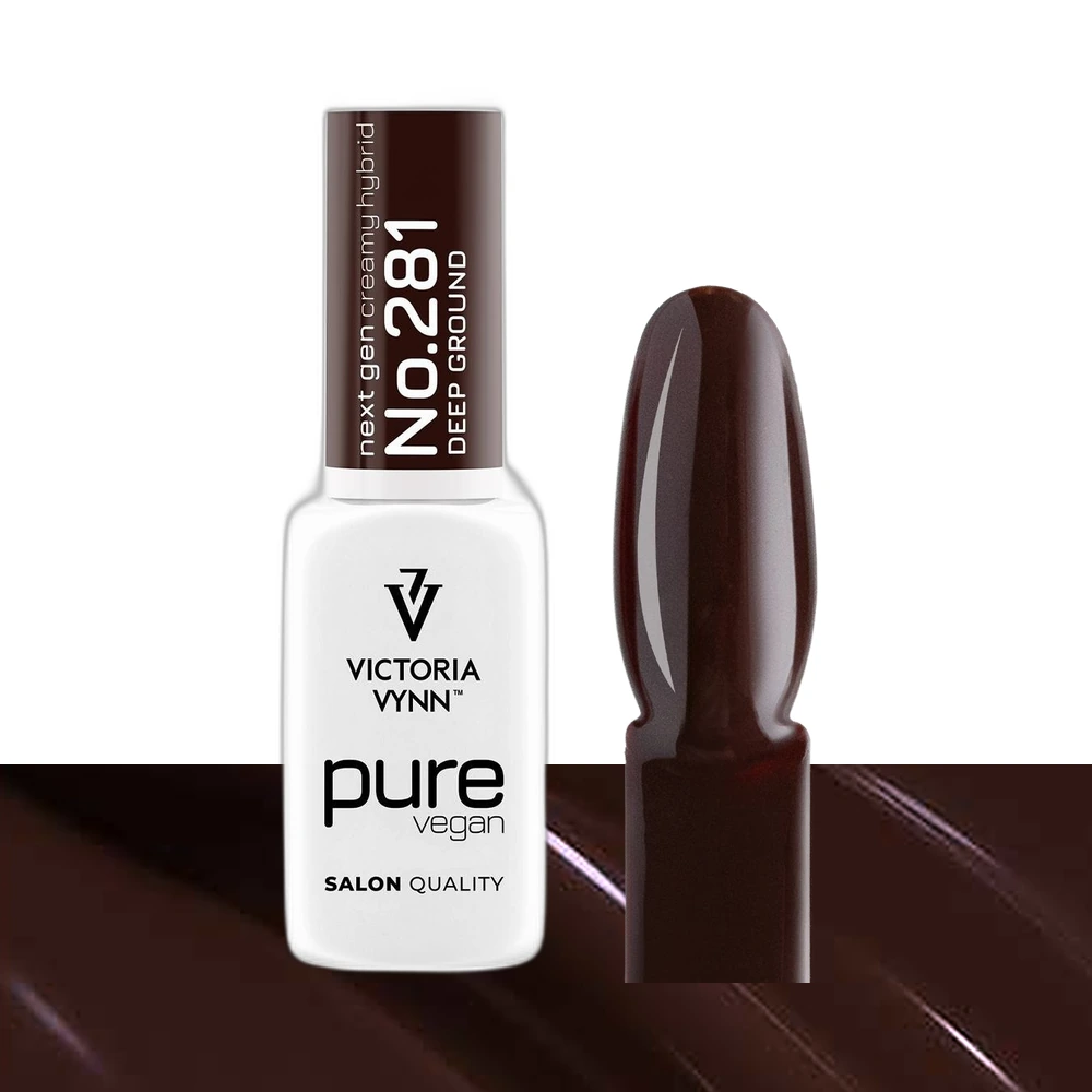 Victoria Vynn Pure Vegan Creamy Hybrid nr 281 Deep Ground 8 ml, butelka obok paznokietnika z brązowym lakierem