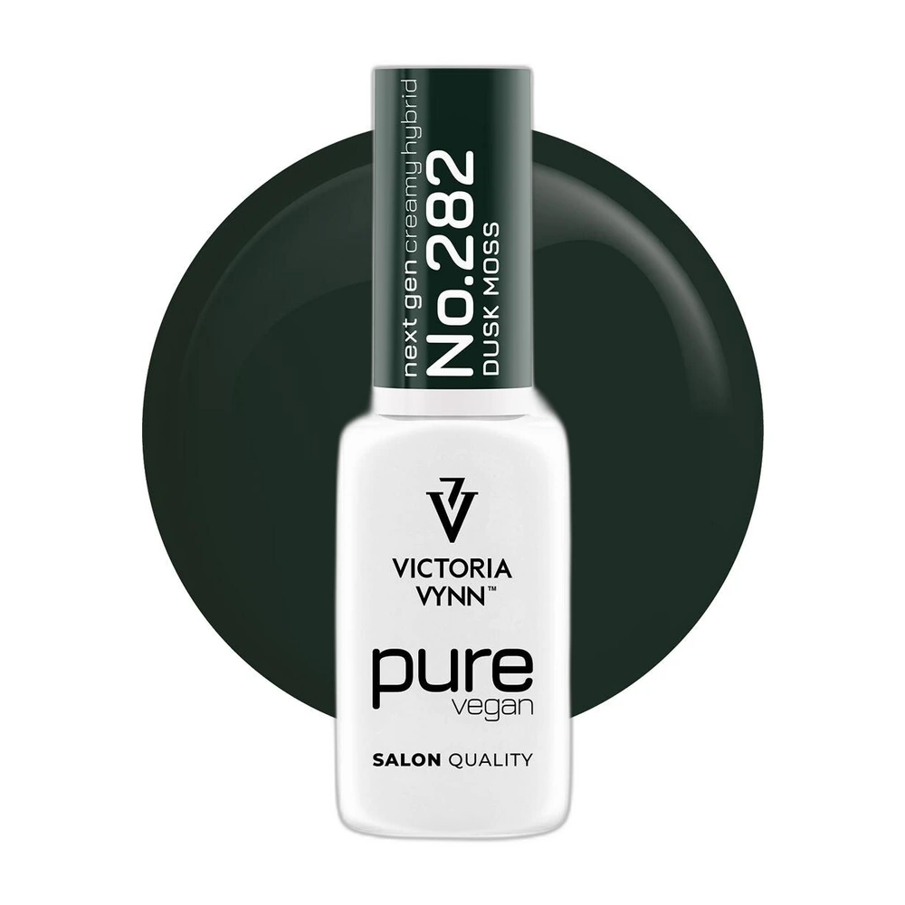 Lakier hybrydowy Victoria Vynn Pure Vegan Creamy Hybrid nr 282 Dusk Moss 8 ml, butelka na tle zielonej kropli koloru