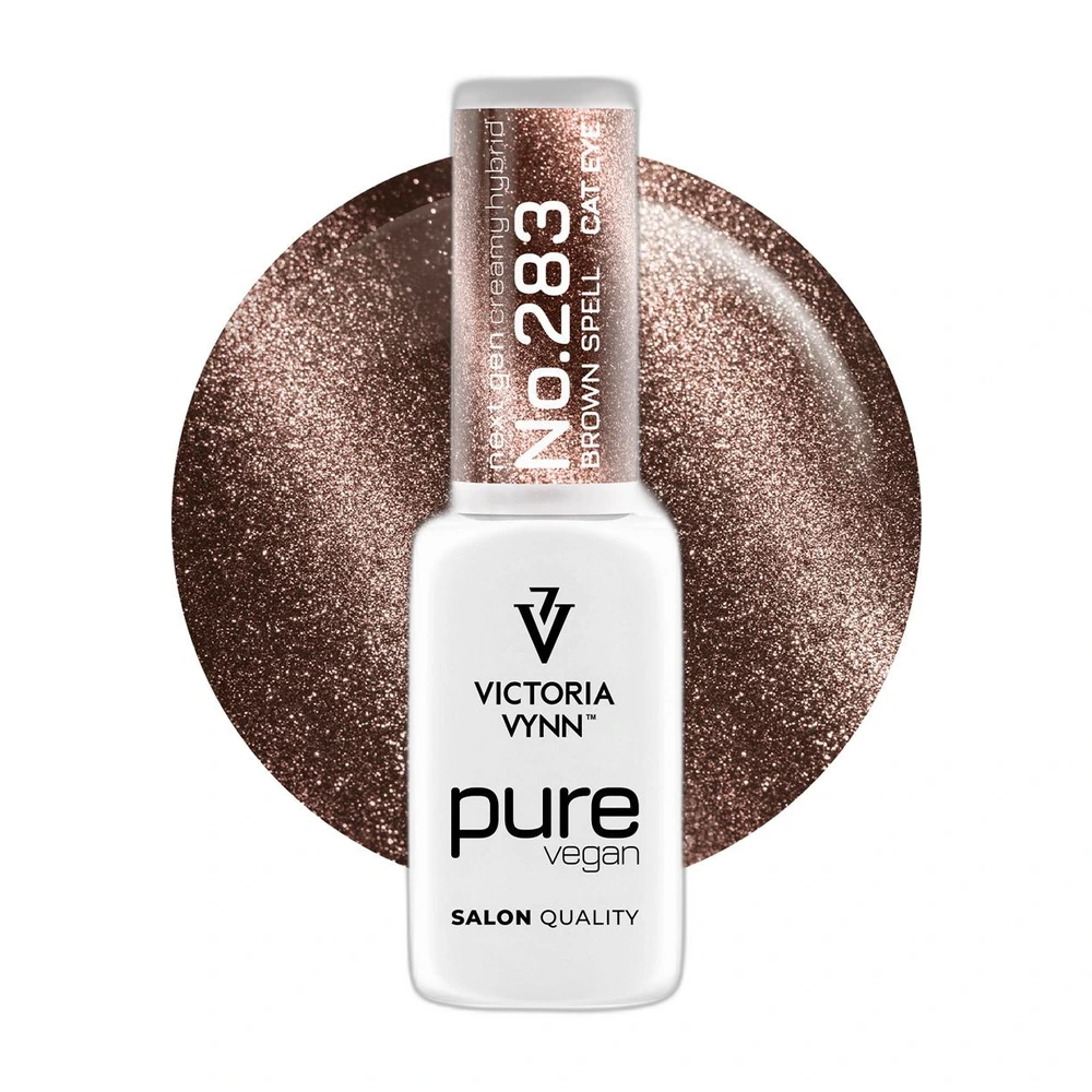 Lakier hybrydowy Victoria Vynn Pure Vegan Creamy Hybrid nr 283 Brown Spell 8 ml, butelka na tle brązowej kropli koloru z efektem cat eye