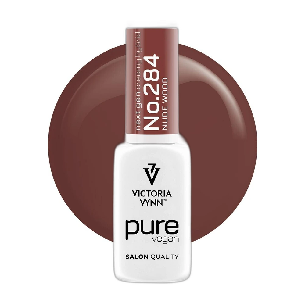 Lakier hybrydowy Victoria Vynn Pure Vegan Creamy Hybrid nr 284 Nude Wood 8 ml, butelka na tle brązowej kropli koloru