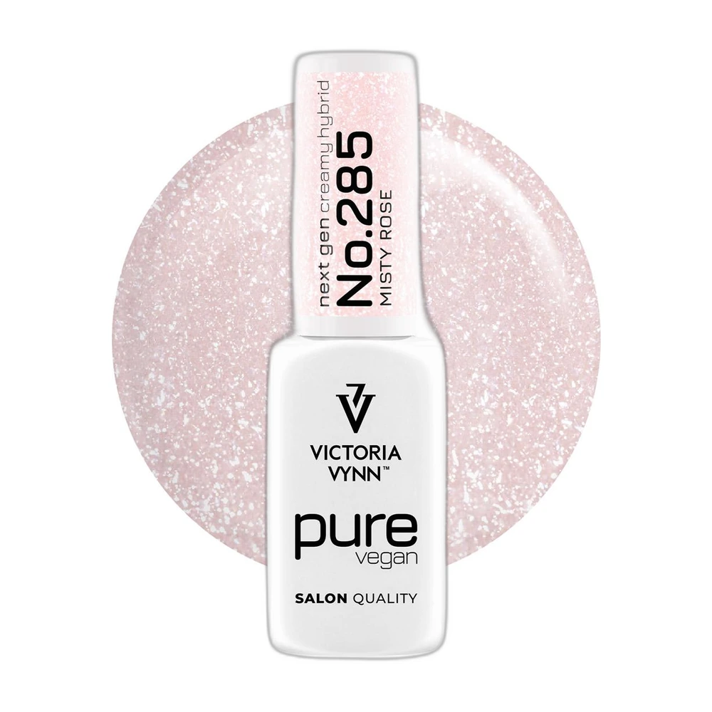 Lakier hybrydowy Victoria Vynn Pure Vegan Creamy Hybrid nr 285 Misty Rose 8 ml, butelka na tle mlecznoróżowej kropli koloru z drobinkami