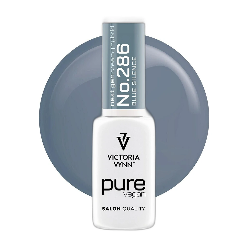Lakier hybrydowy Victoria Vynn Pure Vegan Creamy Hybrid nr 286 Blue Silence 8 ml, butelka na tle niebieskoszarej kropli koloru