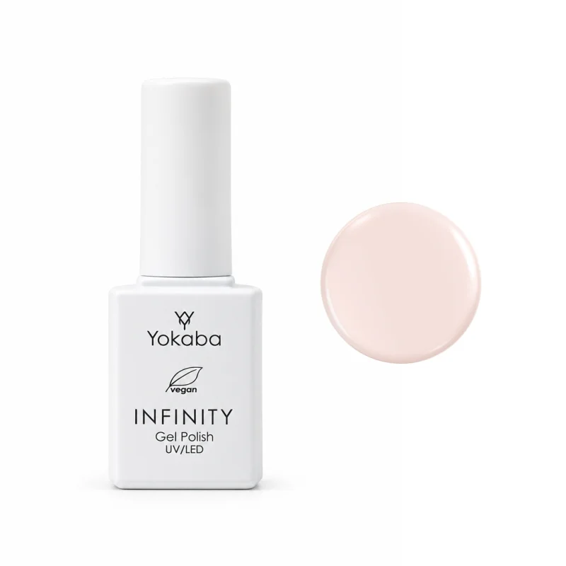 Lakier hybrydowy Yokaba Infinity 05 Pink Cashmere 7 ml, butelka i próbka koloru