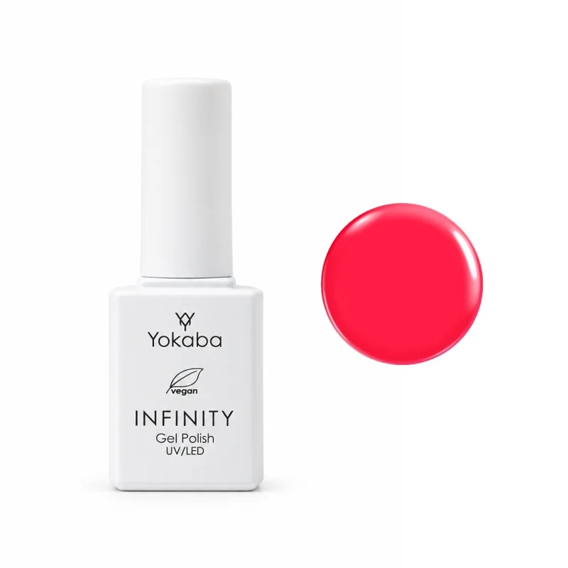 Lakier hybrydowy Yokaba Infinity 10 Electric Pink 7 ml, butelka i próbka koloru