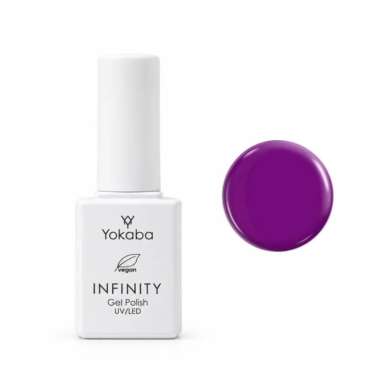 Lakier hybrydowy Yokaba Infinity 14 Imperial Plum 7 ml, butelka i próbka koloru