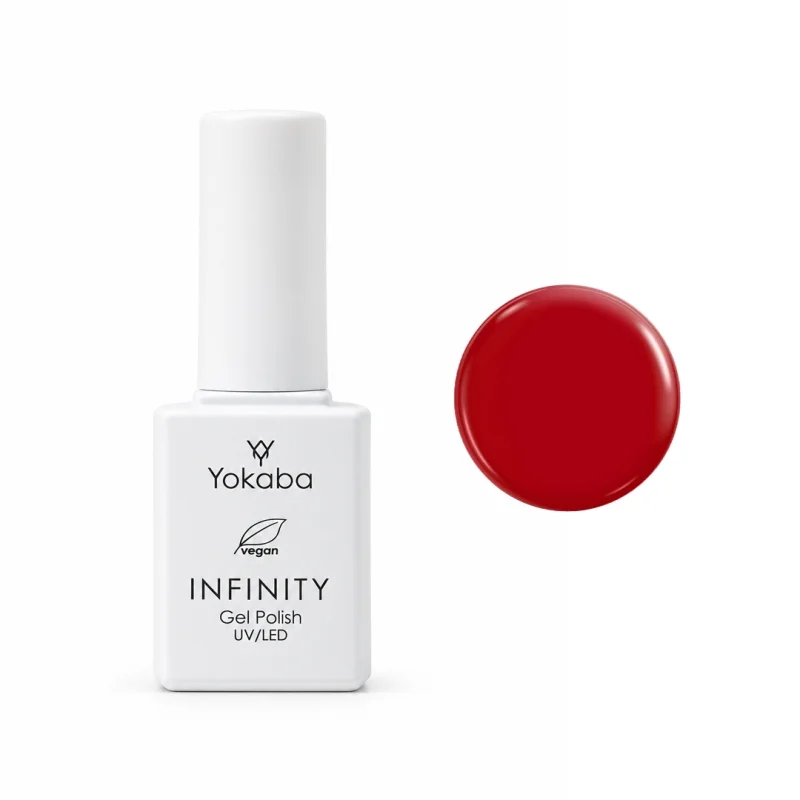 Lakier hybrydowy Yokaba Infinity 19 Poppy Kiss 7 ml, butelka i próbka koloru