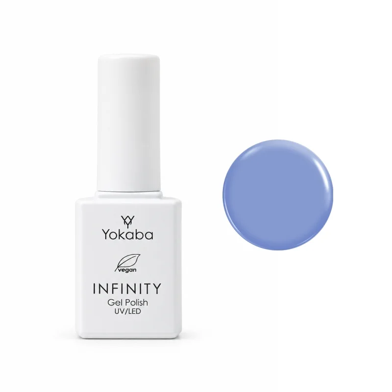 Lakier hybrydowy Yokaba Infinity 18 Blue Sky 7 ml, butelka i próbka koloru