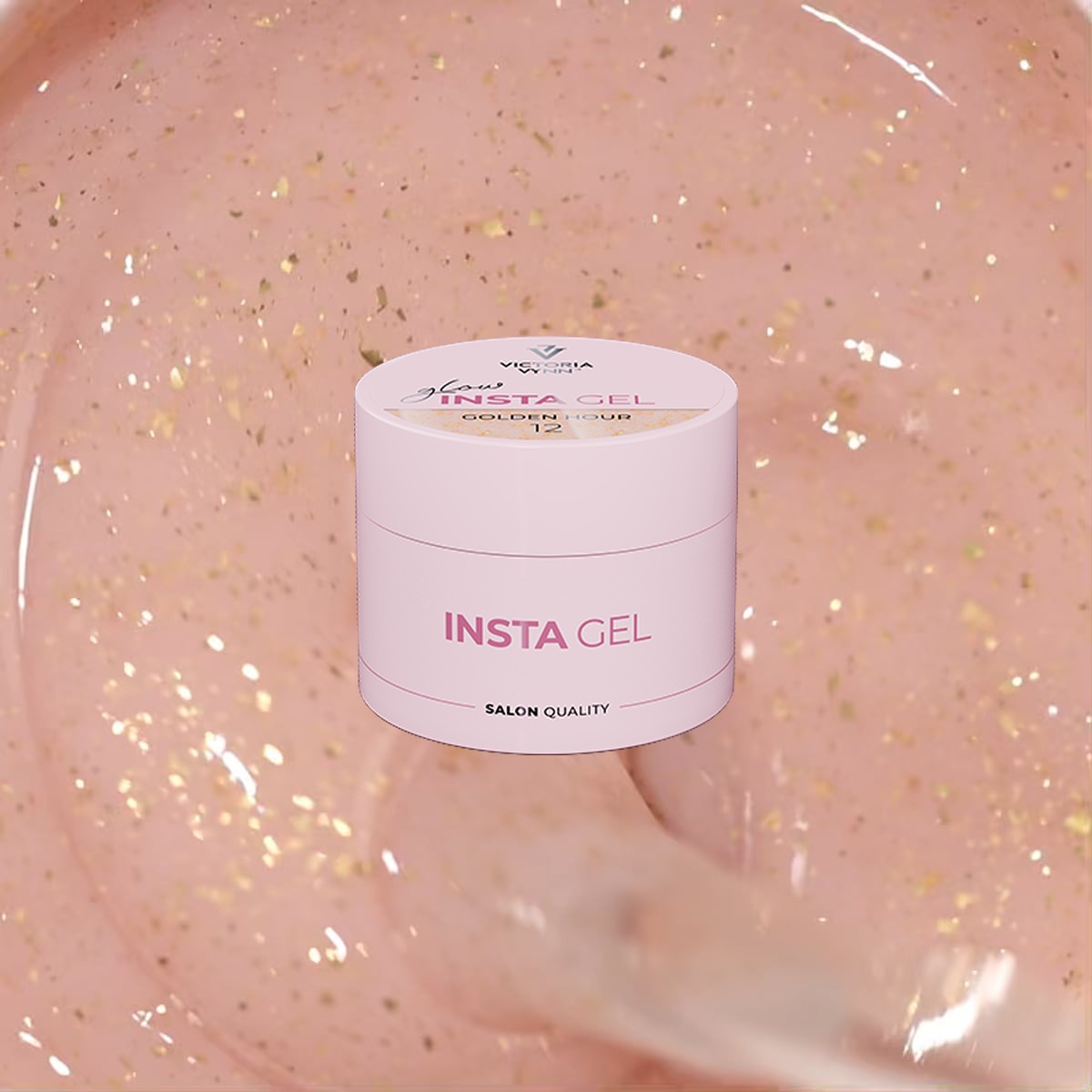 Insta Gel 12 Golden Hour: nude z płatkami złotej folii wokół słoiczka