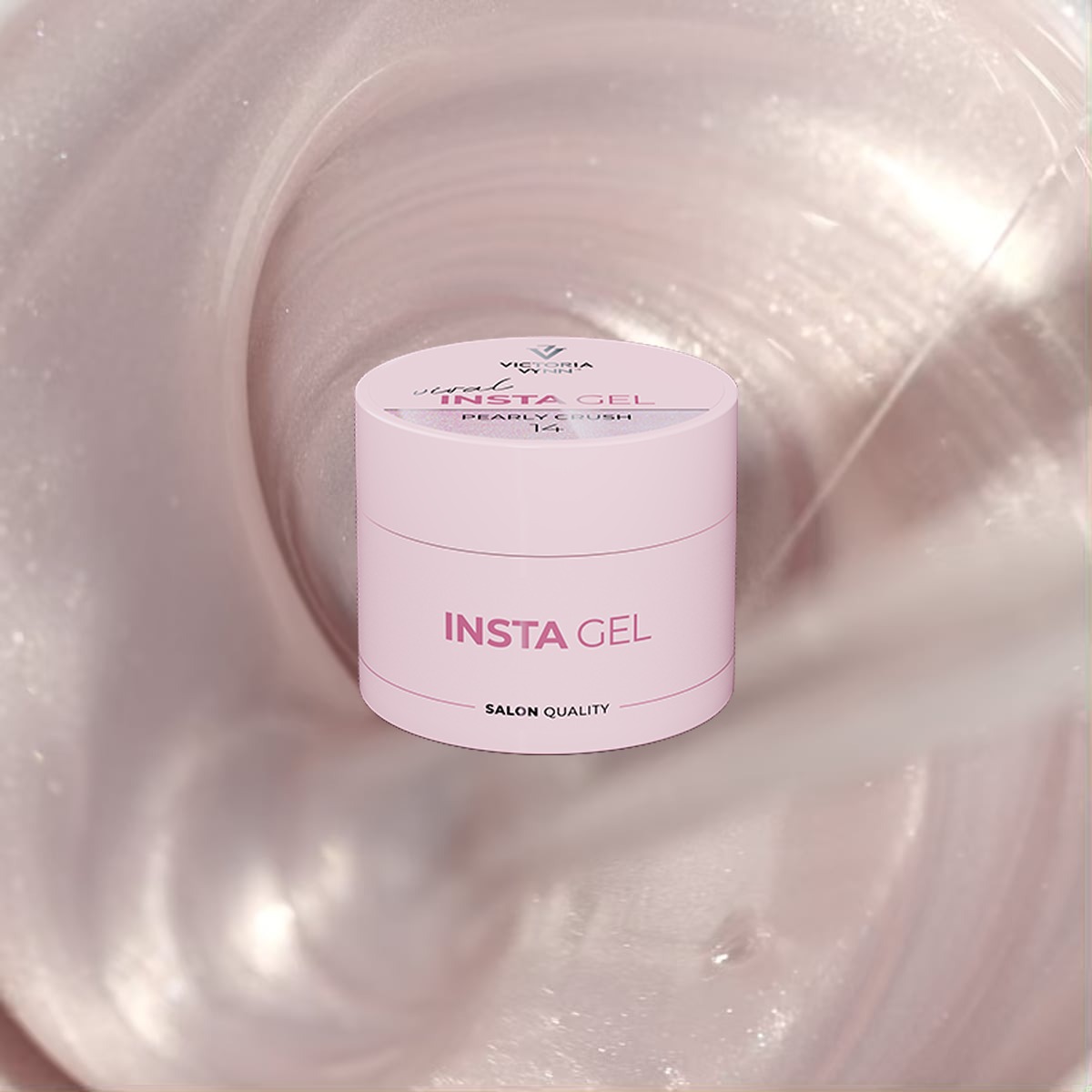 Insta Gel 14 Pearly Crush: jasnoróżowy żel z perłową taflą wokół słoiczka