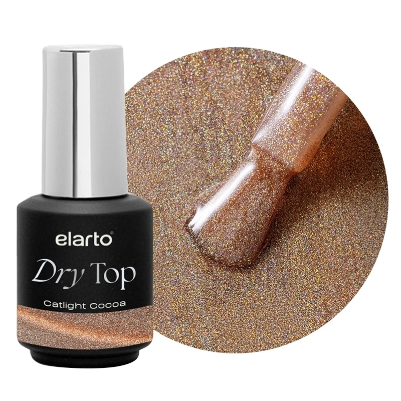 Elarto Top kocie oko i holo w jednym Catlight Cocoa 7ml - czarna butelka Dry Top ze srebrną nakrętką obok okrągłego kadru z pędzelkiem w brązowo-złotym topie z holograficznymi drobinami