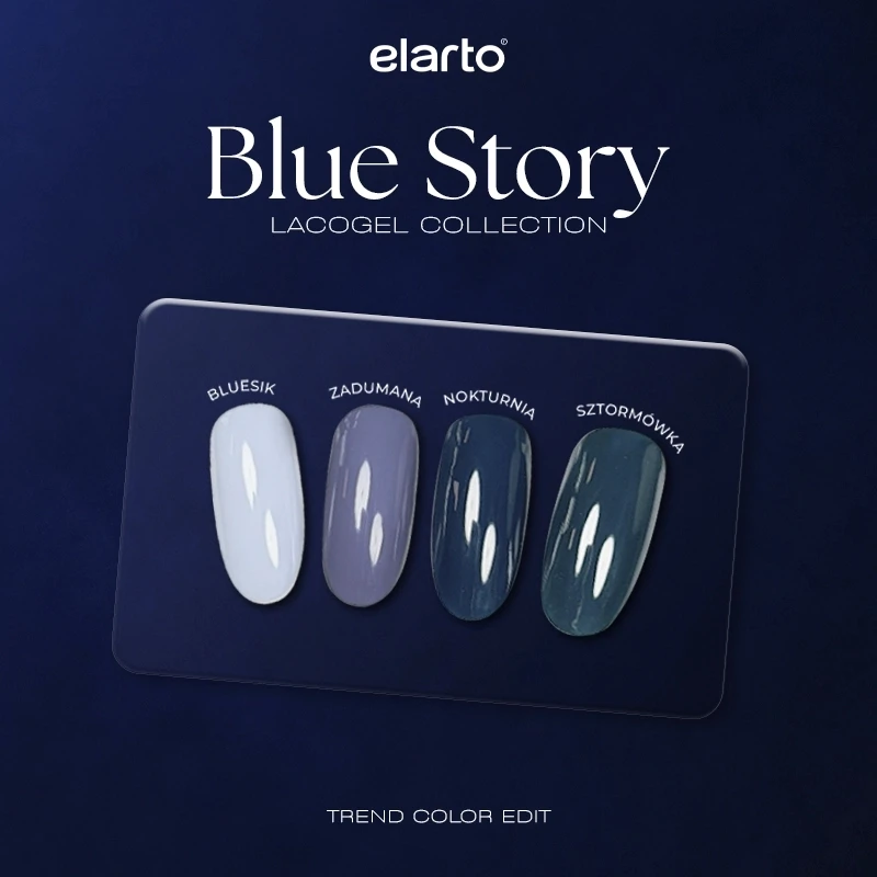 Elarto Zestaw 4 lakierów hybrydowych Lacogel Blue Story odcienie niebieskiego 4x7ml - plansza Blue Story Lacogel Collection z czterema wzornikami na tipsach: Bluesik, Zadumana, Nokturnia i Sztormówka