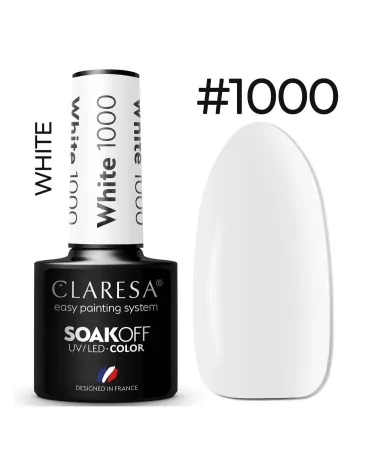 Butelka lakieru hybrydowego Claresa White 1000 z wymalowanym czystym białym, kremowym odcieniem.