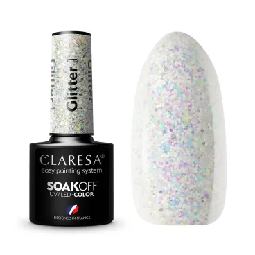 Swatch lakieru hybrydowego Claresa Glitter 1 — perłowobiała baza z gęstym wielokolorowym brokatem migoczącym różem, liliowym i błękitem.