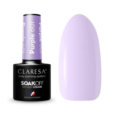 Butelka lakieru hybrydowego Claresa Purple 601 w pastelowym lawendowym fiolecie
