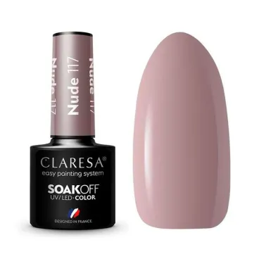 Butelka lakieru hybrydowego Claresa Nude 117 w przygaszonym odcieniu mauve-taupe z kremowym, litym wykończeniem.