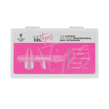 Soft Gel Tips Medium Almond Victoria Vynn, etykieta na wieczku pudełka z nazwą kształtu i listą cech