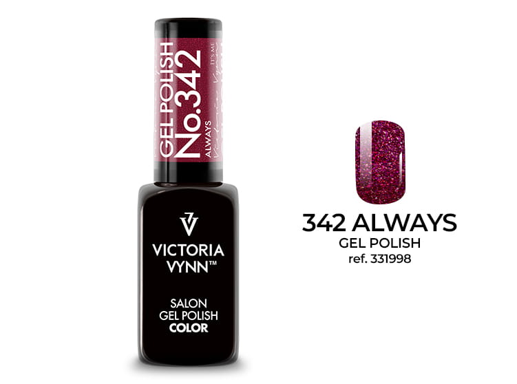 Manicure lakierem 342 Always - odważny róż rozświetlony brokatem na paznokciach